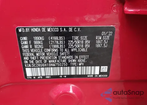 2022 Honda Hr-V Awd Sport из США, поврежденный, VIN 3CZRU6H19NM750250